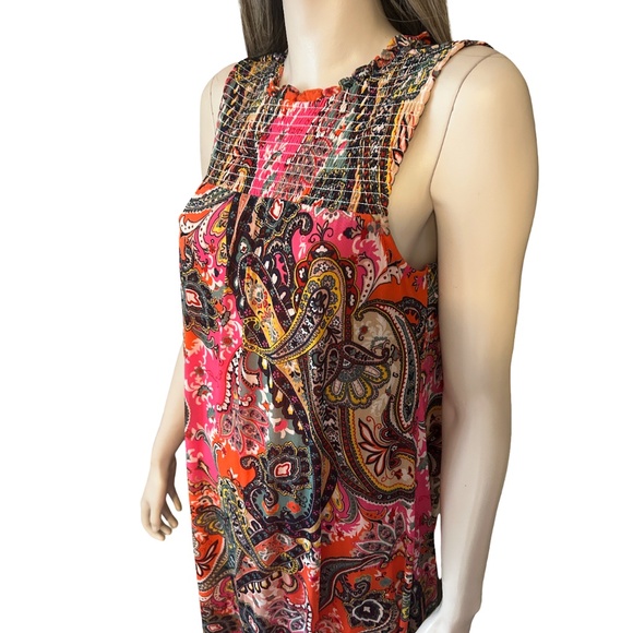 Chetta B Paisley Shift Dress Flowy Colorful Sleeveless Keyhole Shirred Smocked - Picture 5 of 16